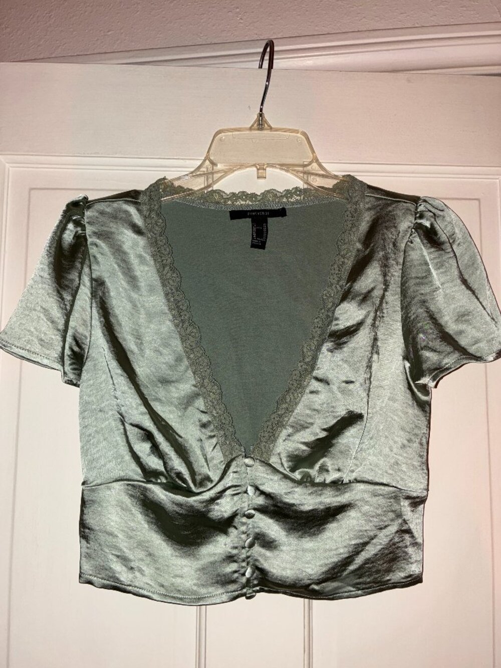 Forever 21 Women’s XS Sage Green Satin Lace Trim Deep V Cropped Blouse Top